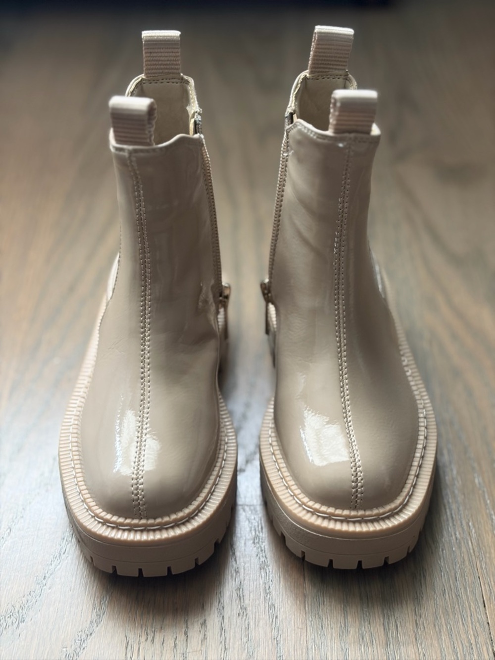 Sam Edelman Patent Chelsea Booties in Light Beige
